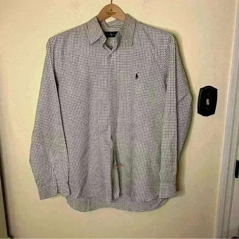 Ralph Lauren Classic Blue Windowpane Plaid Button Down Dress Shirt Size XL